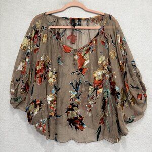 Floral Blouse Womens M/L Brown Sheer Boho Peasant Top Dolman Sleeve Flowy Henley